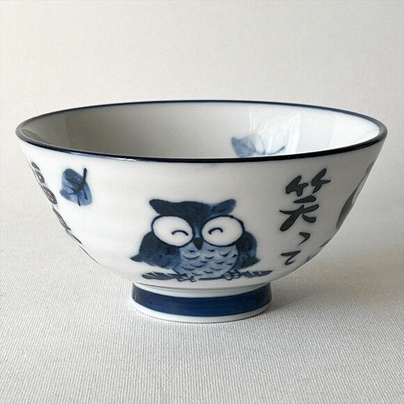 Mino Ware Cute Owl Bowl Blue and White Porcelain Japan - Picture 1 of 8